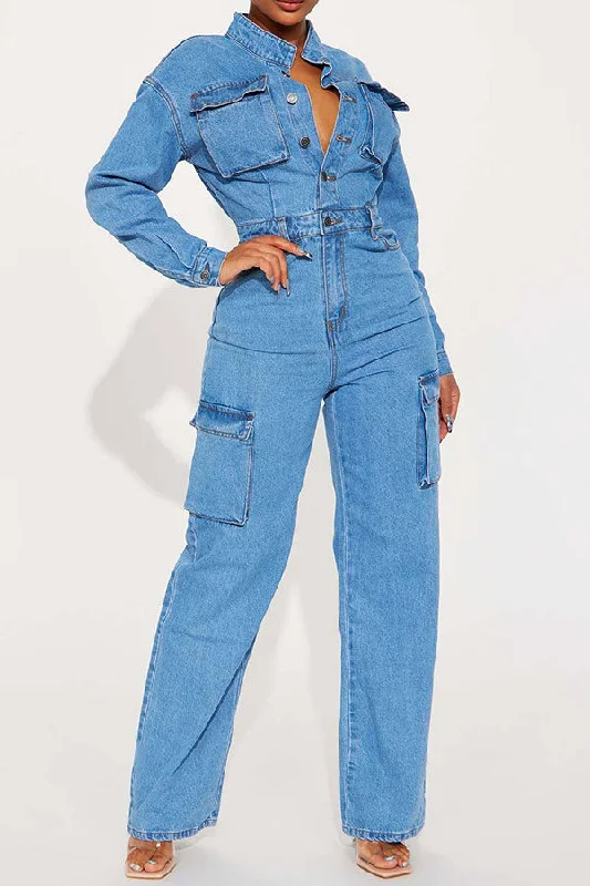 women's jumpsuits with long sleevesBlue Washed Denim Casual Multi Pocket Jumpsuit