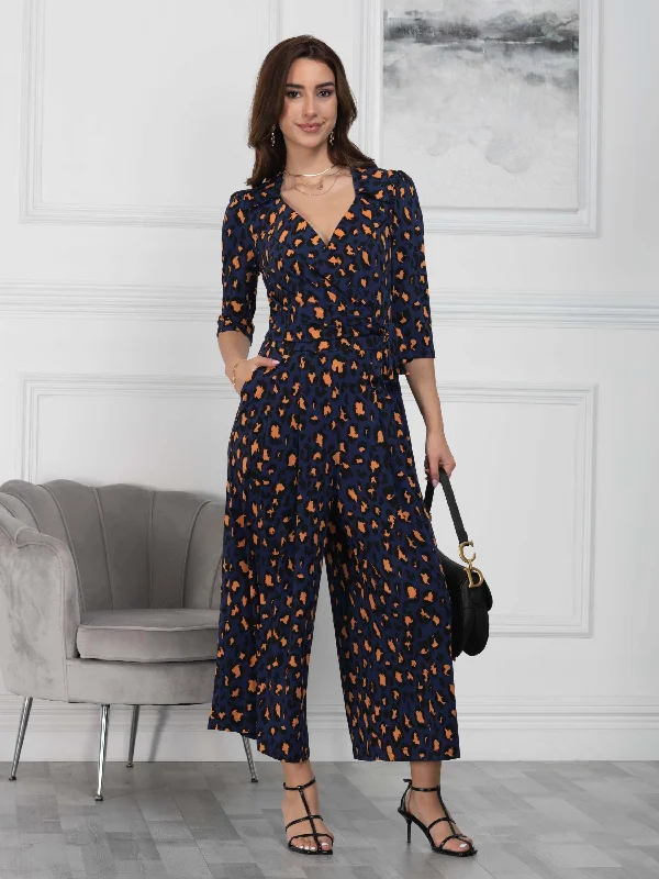 women's jumpsuits for apple-shaped bodiesMelissa Print Shirt Jumpsuit, Navy Animal