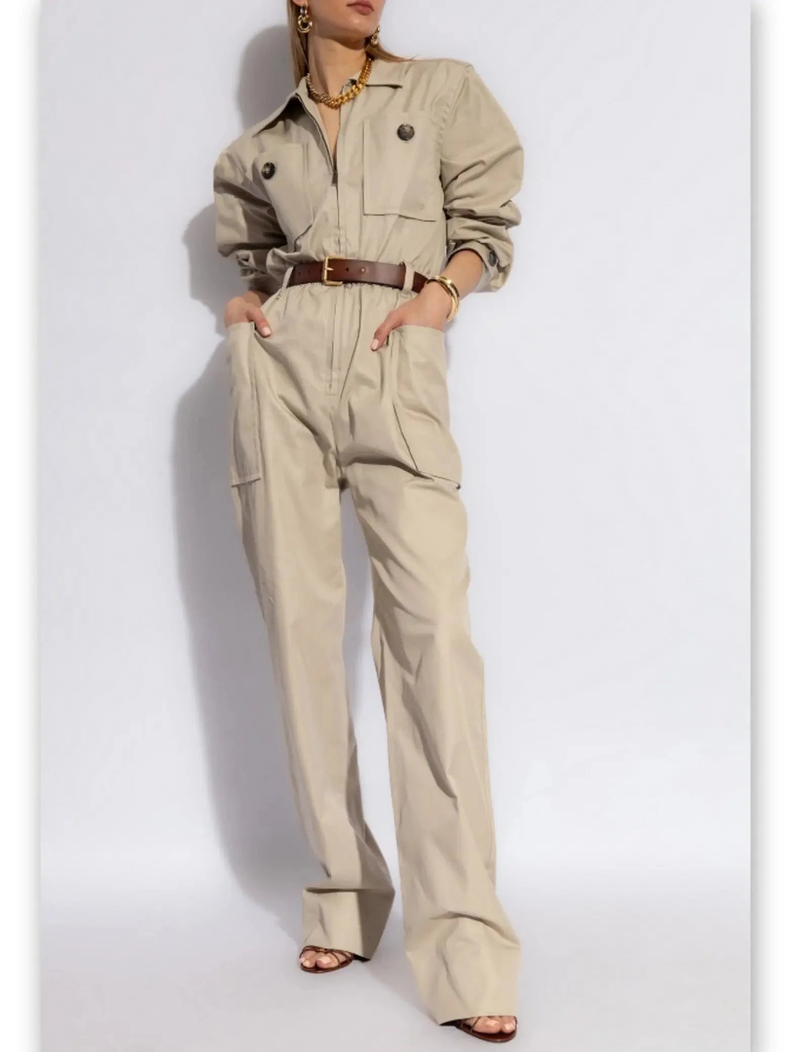 women's jumpsuits for moisture-wicking materialsBelted Beige Cotton Cargo Jumpsuit