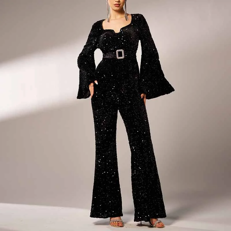 women's jumpsuits with neon colorsWomen's Long Sleeve Black Sequin Jumpsuit With Belt Detail One Piece Suit