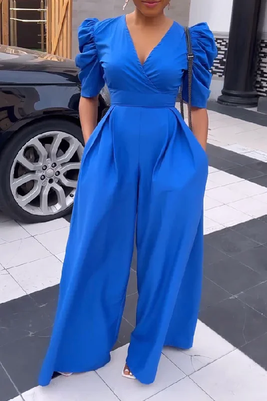 women's jumpsuits with pocketsSolid Color Commuting Wide Leg Jumpsuit