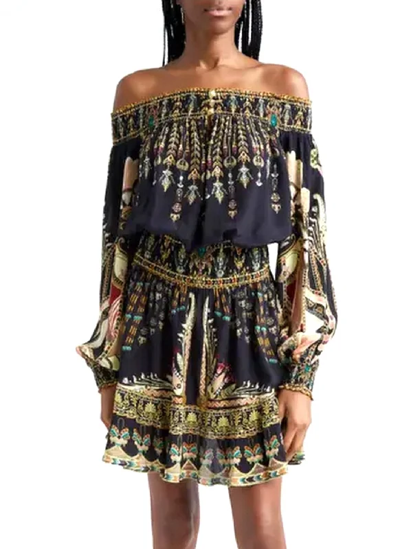 cheap floral print Mimi dressesAncient Egyptian Print Off-Shoulder Silk Mini Dress