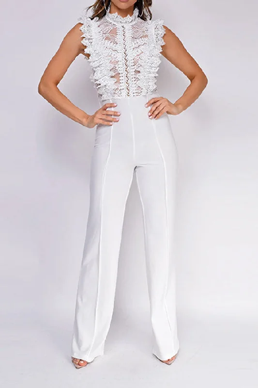 women's jumpsuits with belt loopsLace Patchwork Sweet Ruffle See-Through Jumpsuit