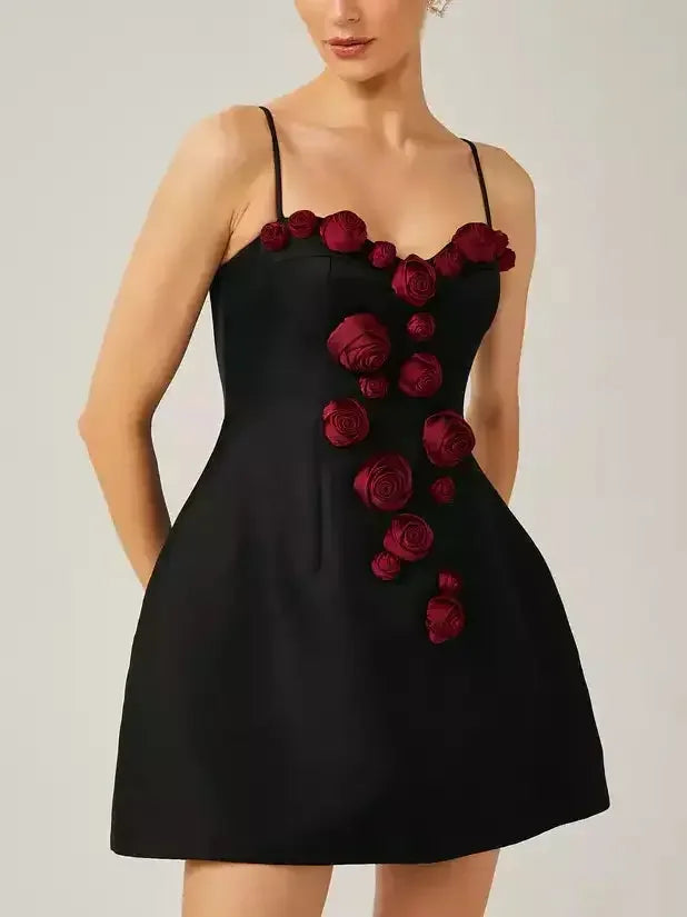 white Mimi dresses for bridesmaids3d Red Rose Applique Black Mini Dress