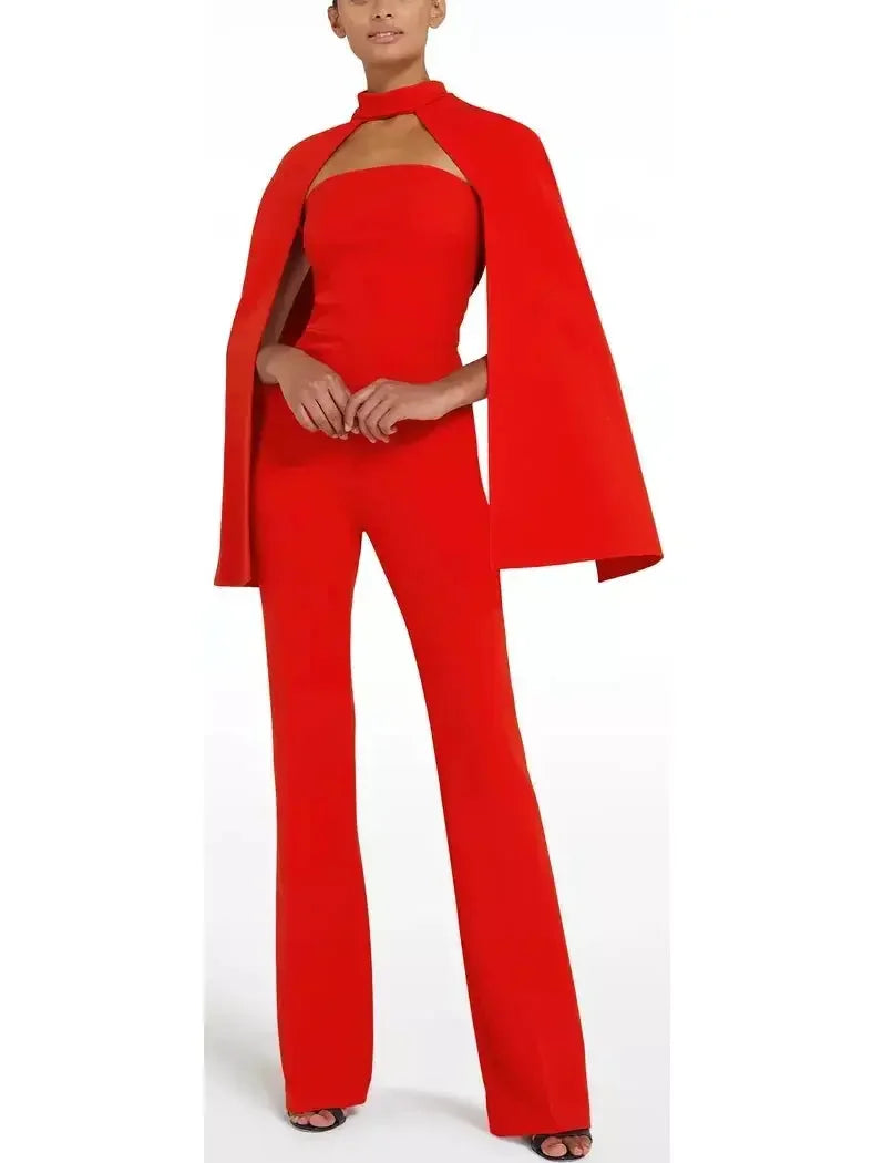 women's vintage jumpsuitsCherry Red Cropped Cape and Myrine Jumpsuit Set