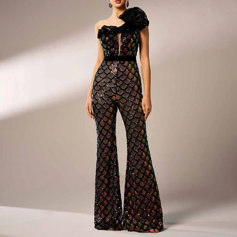 women's jumpsuits with pastel huesSingle Shoulder Black Sequin Jumpsuit With 3D Flower Detail One Piece Suit