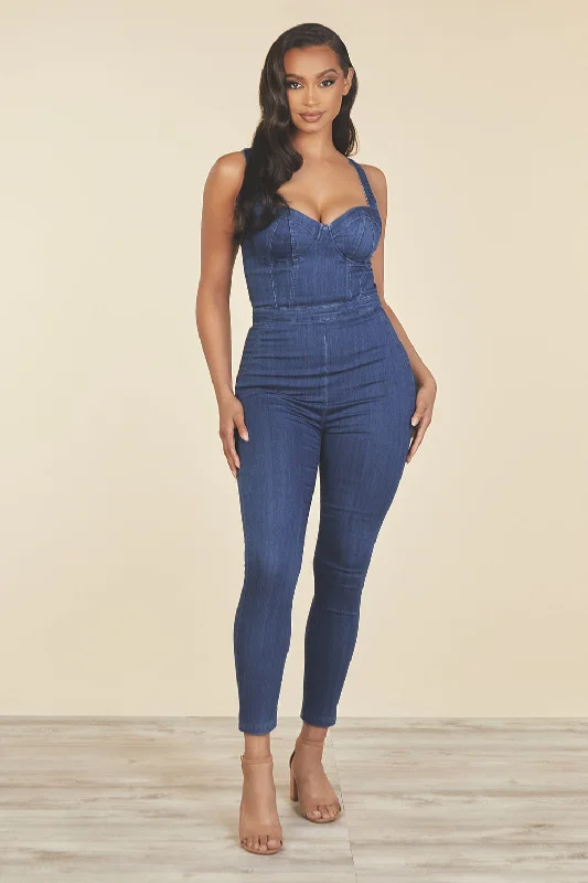 women's jumpsuits for maternity wearMaria Medium Wash Bustier Skinny Denim Jumpsuit