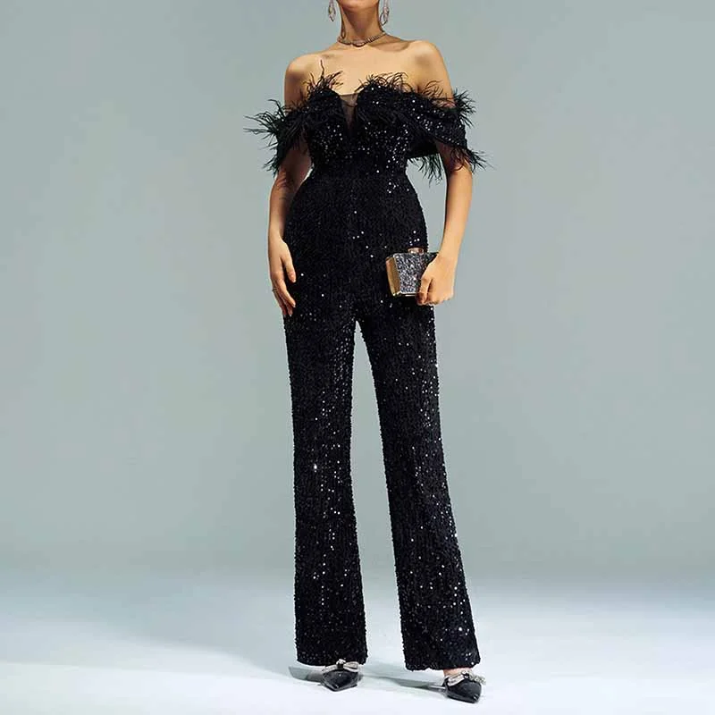 women's jumpsuits with checkered designsOne Piece Suit Tassels Black Off-The-Shoulder Jumpsuit Sequin Romper