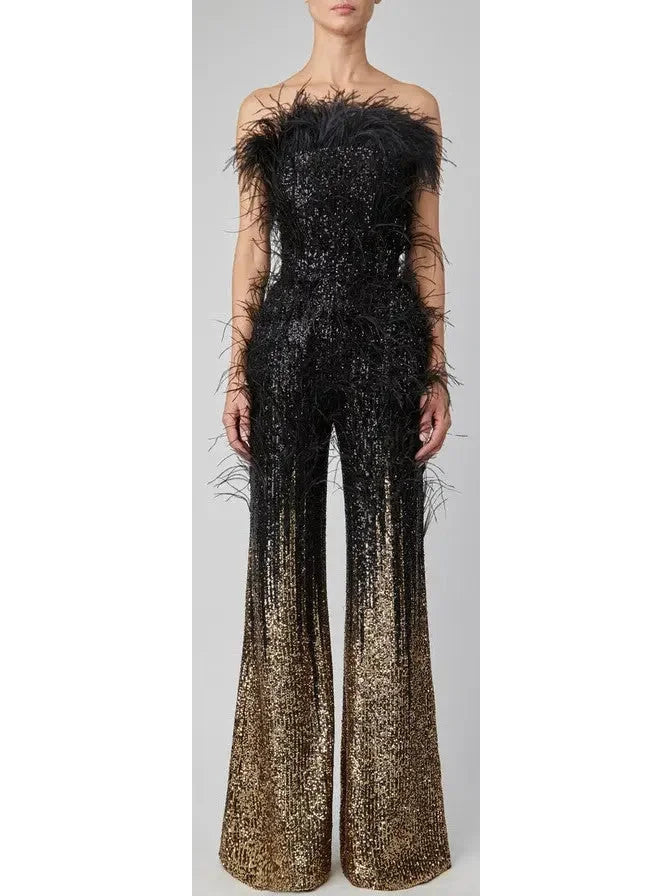 women's ankle-length jumpsuitsStrapless Sequin and Feather Jumpsuit