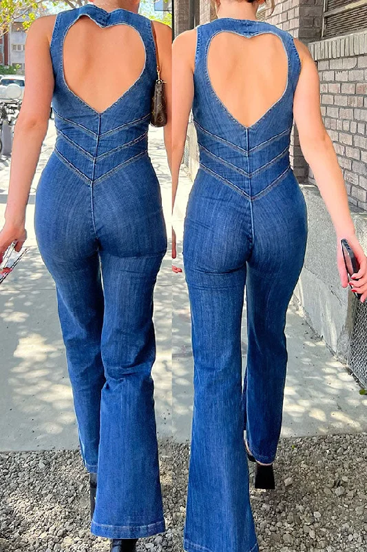 women's jumpsuits with bell sleevesSolid Color Urban Open Back Denim Jumpsuit