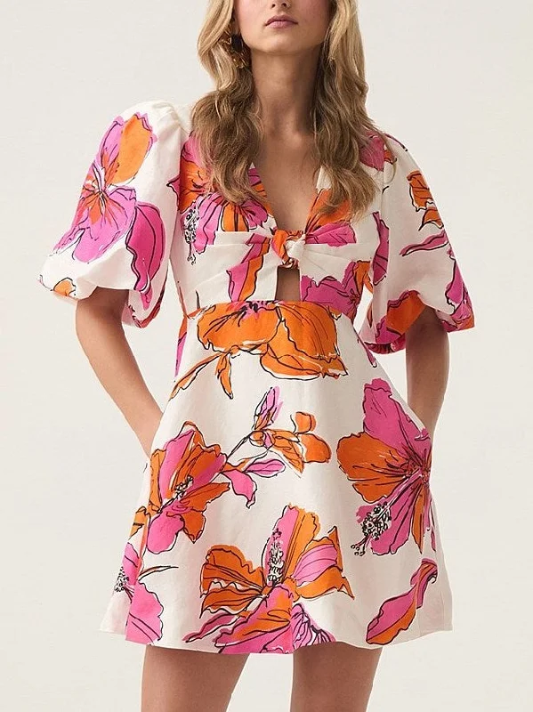 affordable floral Mimi dressesAbstract Hibiscus Print Knotted Puff-Sleeve Mini Dress