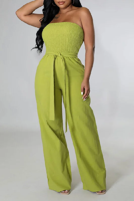 women's jumpsuits with bow tiesSolid Color Strap Shirred Simple Wide Leg Jumpsuit