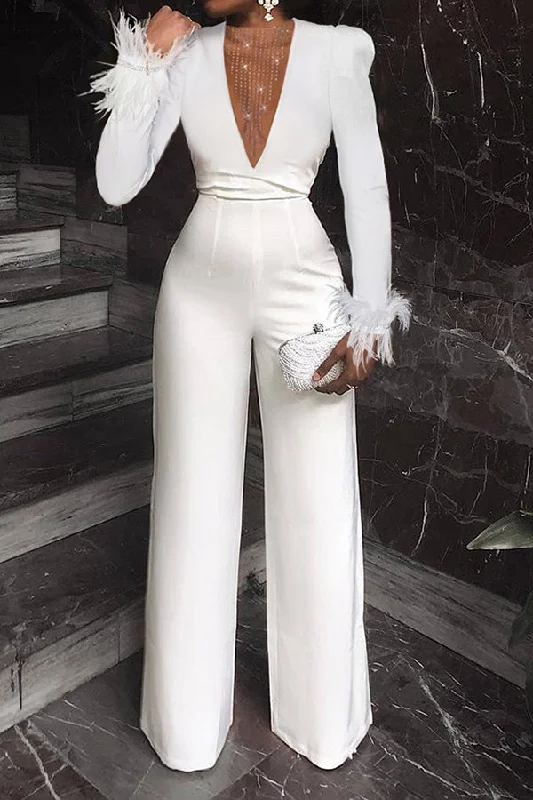 women's jumpsuits for short womenSolid Color Glamorous Feather Trim Jumpsuit