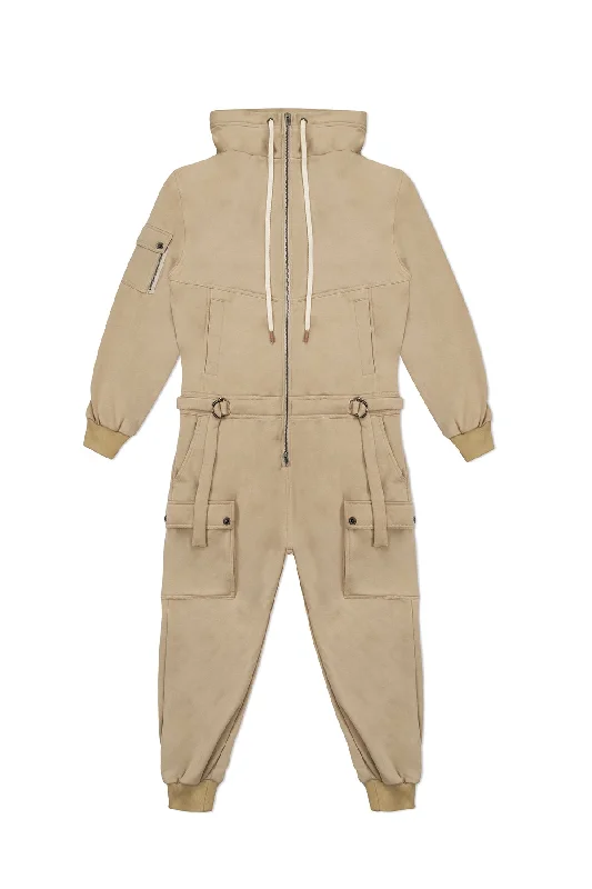 women's jumpsuits with round necksFLEECE JUMPSUIT IN TAN