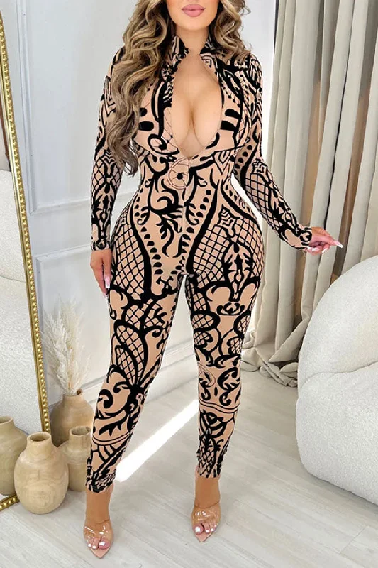 women's jumpsuits with checkered designsTribal Print Retro Zipper Bodycon Jumpsuit