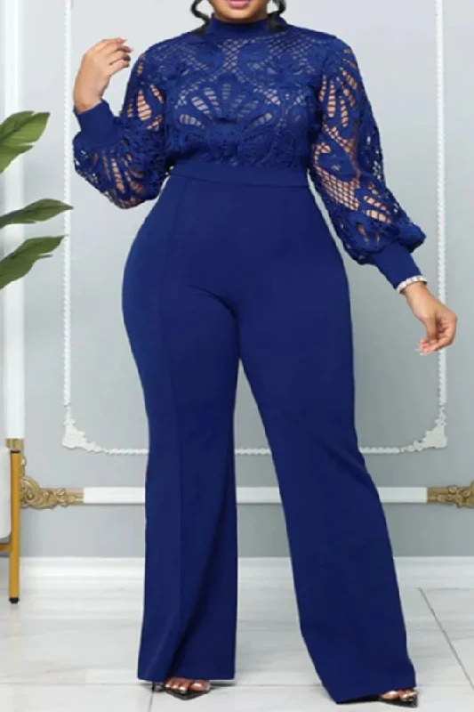 women's jumpsuits for petite womenSolid Color Lace Patchwork Commuting Jumpsuit