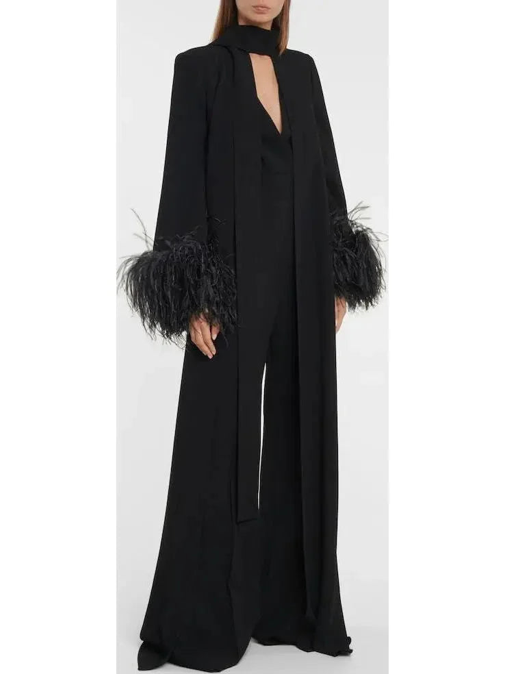 women's loose-fit jumpsuitsFeather-Trimmed Crêpe Black Jumpsuit