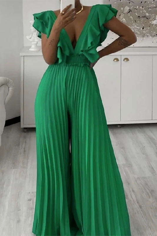 women's jumpsuits with cinched waistsSolid Color Sweet Tiered Ruffles Pleated Wide Leg Jumpsuit