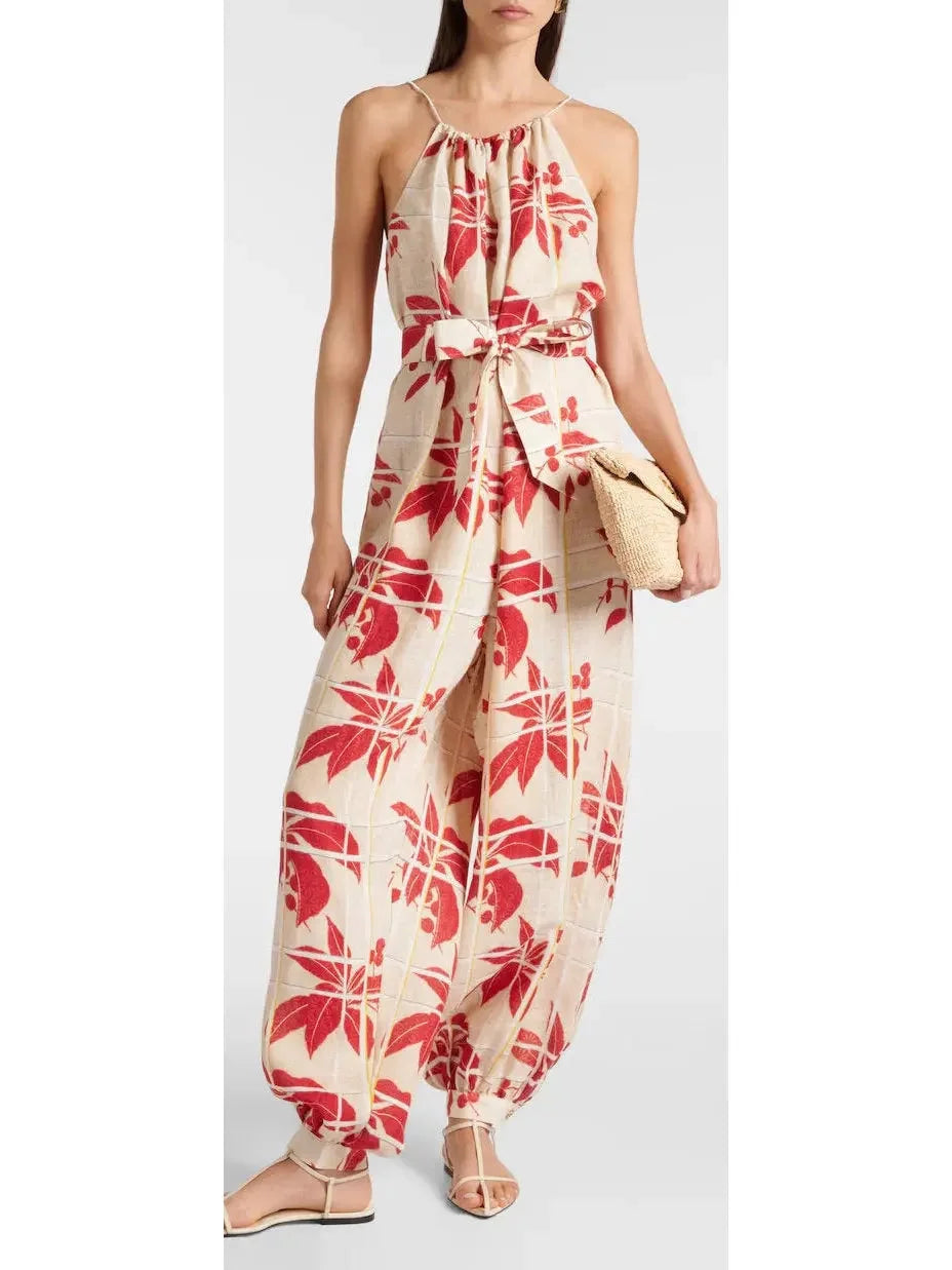 women's wide-leg jumpsuitsJapanese Hibiscus Printed Halter Jumpsuit