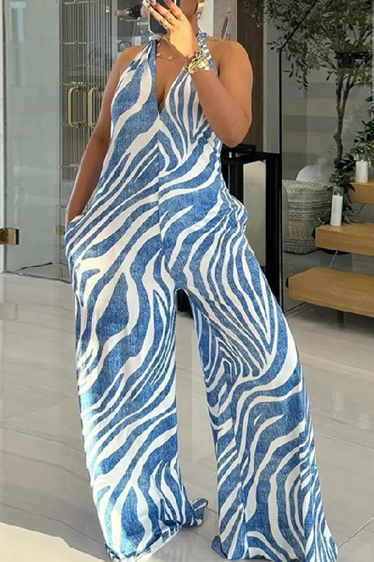 women's jumpsuits made of chiffonZebra Print Halter Collar Chic Wide Leg Jumpsuit