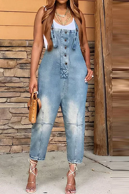 women's jumpsuits with solid colorsGradient Casual Suspender Denim Jumpsuit