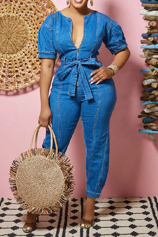 women's jumpsuits for winterBlue Zipper Classic Belted Denim Jumpsuit