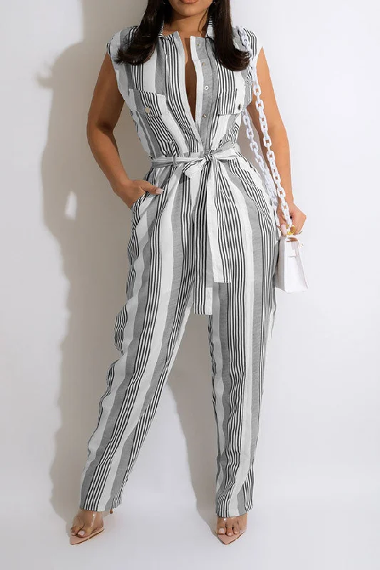 women's jumpsuits for moisture-wicking materialsStripe Feminine Lace-Up Jumpsuit (With Belt)