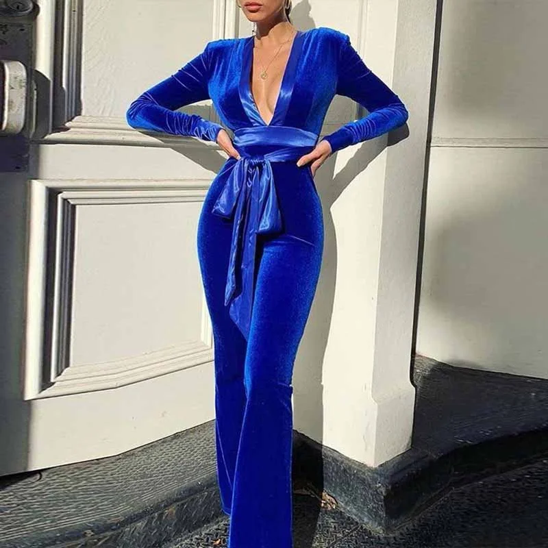 women's jumpsuits with long sleevesWomen Long sleeve velvet jumpsuit deep V cocktail jumpsuit