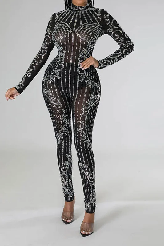 women's fitted jumpsuitsRhinestone Party See-Through Bodycon Jumpsuit