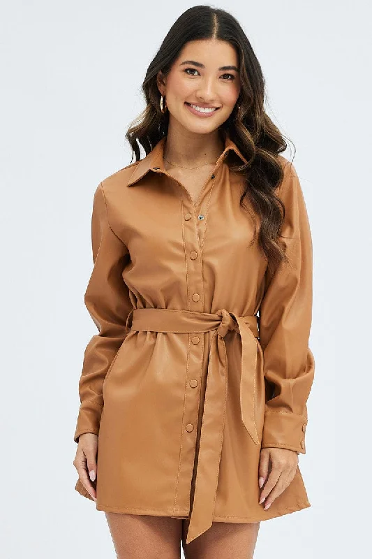 Full Length Long Sleeves DressBeige Faux Leather Dress Long Sleeve Collared Belted PU