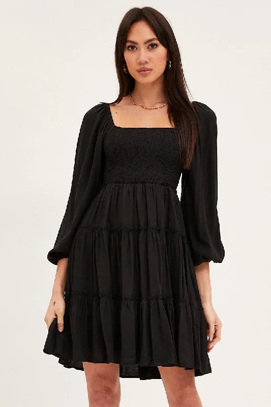 Funky Long Sleeves DressBlack Fit And Flare Dress Long Sleeve Square Neck