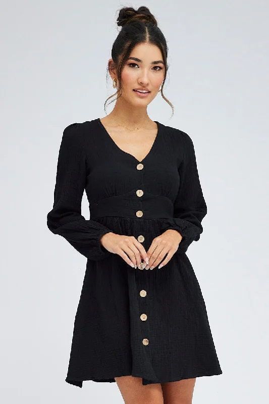 Fashionable Long Sleeves A-Line DressBlack Long Sleeve Button Front Dress