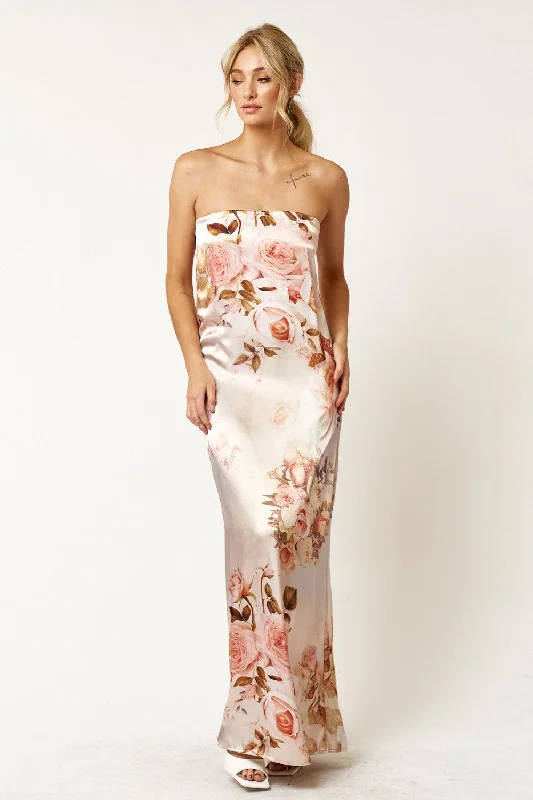 affordable maxi dressesLong Strapless Flower Printed Satin Dress