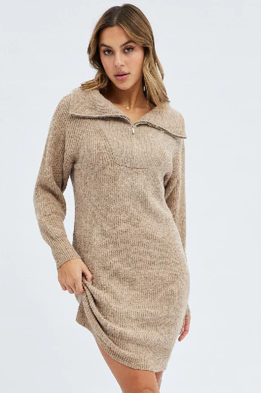 Fabulous Formal Long Sleeves DressCamel Knit Dress Long Sleeve Turtleneck Zip