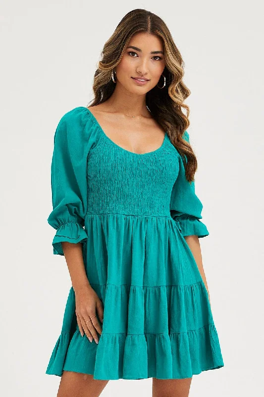 Flowery Silk Long Sleeves DressGreen Fit And Flare Dress Long Sleeve Sweetheart Neck