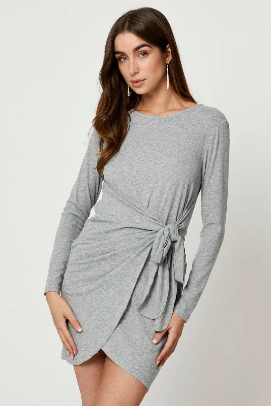 Flirty Silk Long Sleeves DressGrey Long Sleeve Wrap Dress