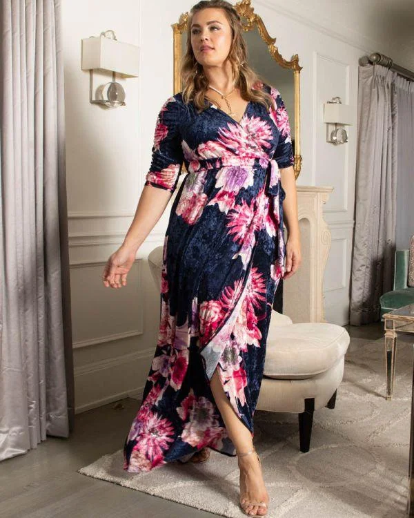 maxi dresses with hidden pocketsKiyona Long Formal Plus Size Velvet Wrap Dress