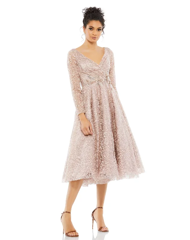 Fuzzy Knitted Long Sleeves DressMac Duggal 112181 Long Sleeve A Line Cocktail Tea Length Dress