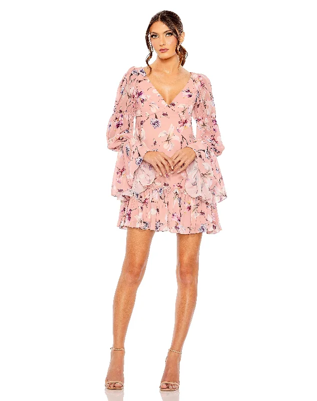 Flowing Chiffon Long Sleeves DressMac Duggal 11409 Long Sleeve Floral Cocktail Dress