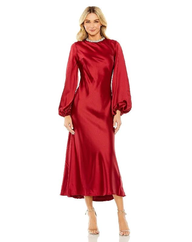 Fuzzy Long Sleeves Mother of the Bride DressMac Duggal 27350 Long Sleeve Satin Tea Length Dress