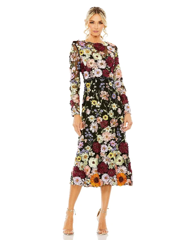 Fitted Floral Long Sleeves DressMac Duggal 68462 Long Sleeve Floral Tea Length Dress