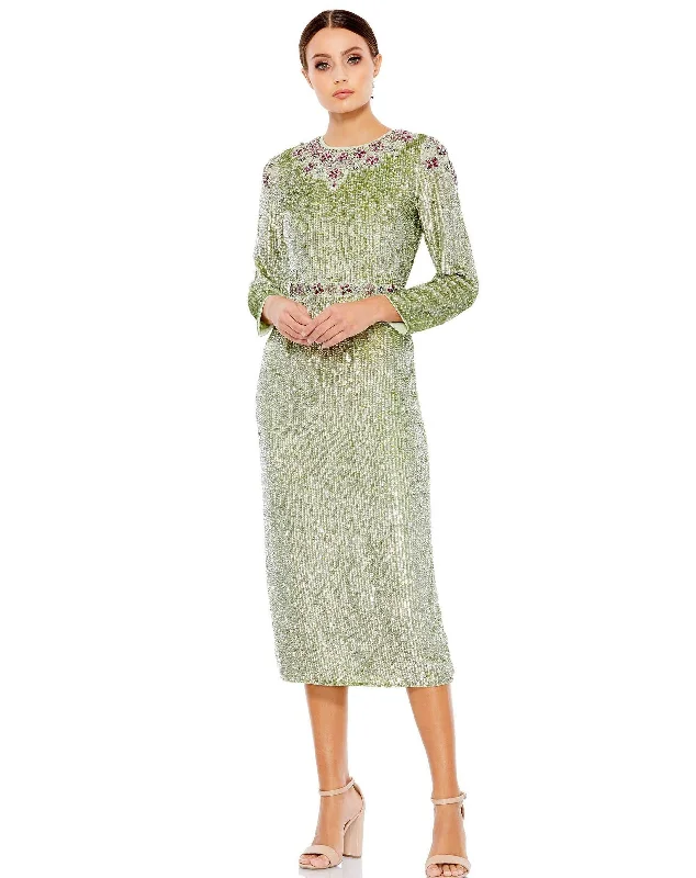 Flattering Long Sleeves DressMac Duggal 93568 Long Sleeve Floral Beaded Tea Length Dress