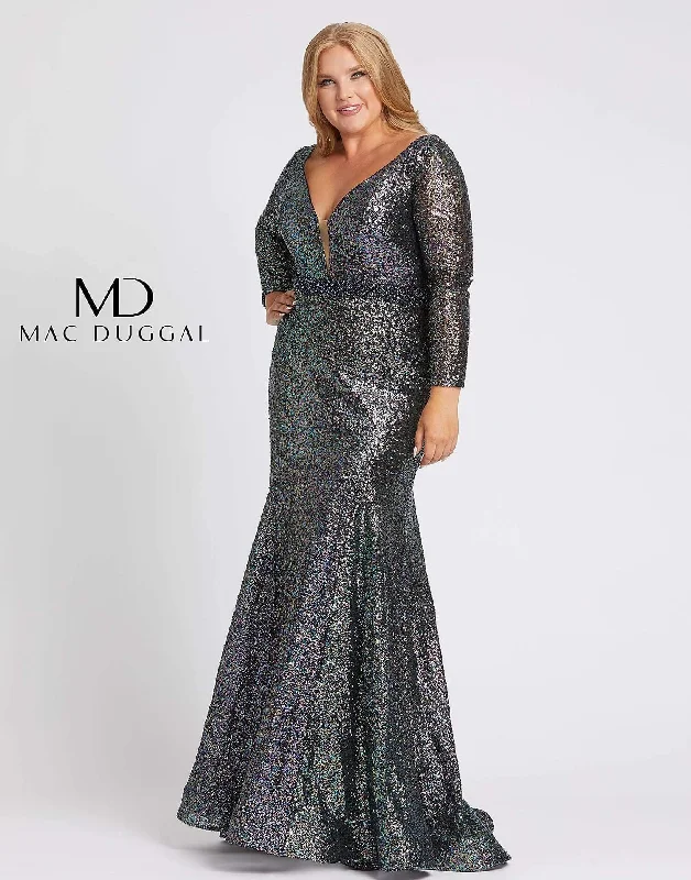 Fitted Long Sleeves Midi DressMac Duggal 67246 Fabulouss Long Sleeve Plus Size Dress Sale