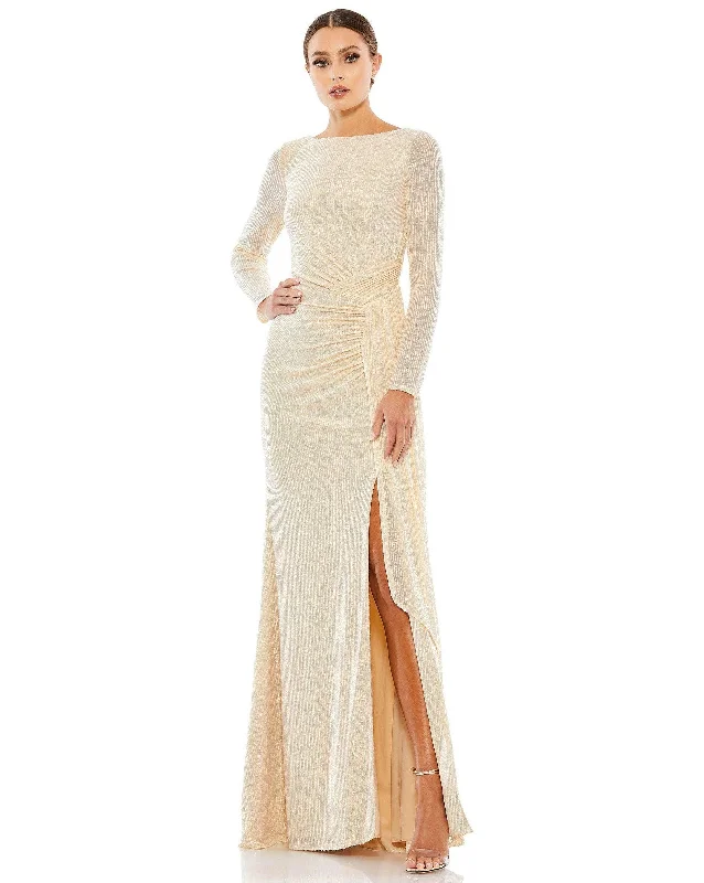 Flowing Chiffon Long Sleeves DressMac Duggal 26715 Long Sleeve Formal Sequin Dress