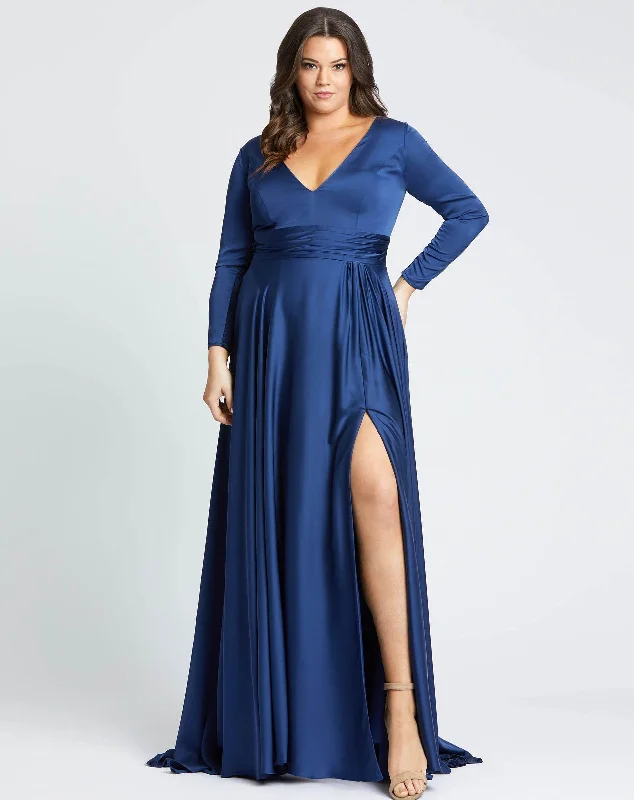 Fresh Long Sleeves DressMac Duggal 55290 Long Sleeve Plus Size Satin Dress