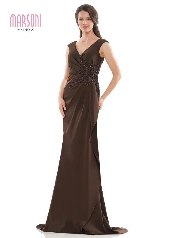 budget-friendly wedding dressesDark Brown 20 Marsoni Long Mother of the Bride Beaded Dress Sale