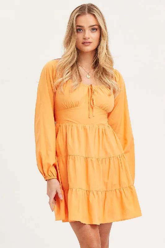 Flexible Stretch Long Sleeves DressOrange Fit And Flare Dress Long Sleeve Square Neck