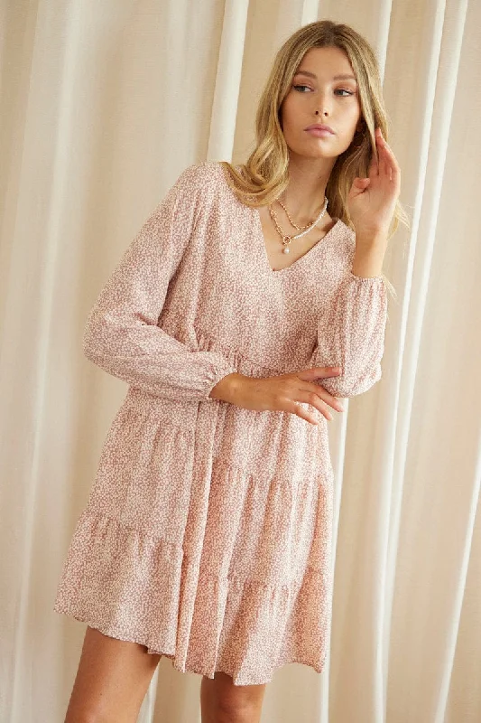 Fuzzy Wool Long Sleeves DressPrint Long Sleeve Skater Dress