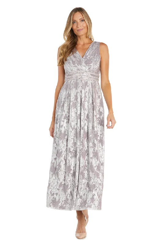 maxi dresses with lace overlaysR&M Richards 1198 Long Formal Metallic Printed Dress