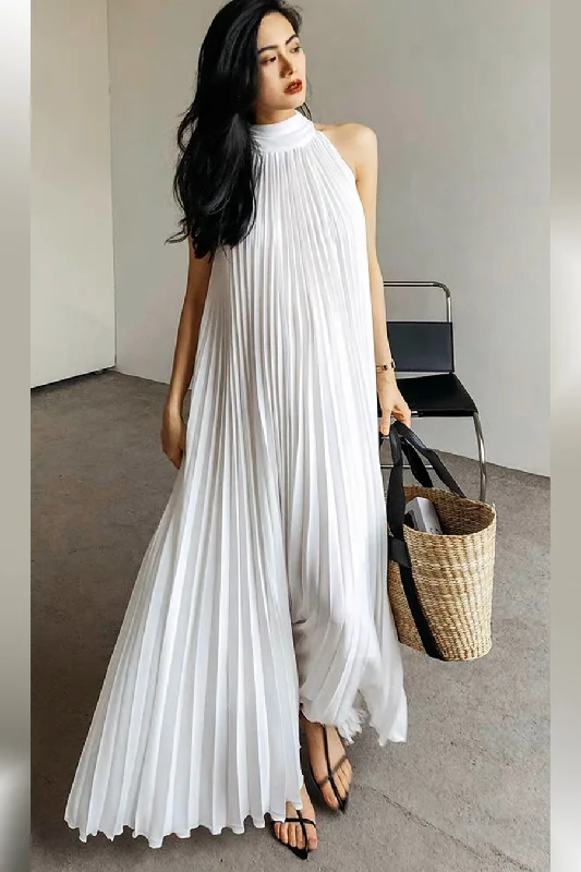 maxi dresses with cap sleevesSleeveless Halter Pleated Long Dress